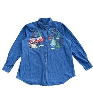 Karen Scott Women's Denim‎ Shirt XL Santa Christmas Embroidered Button Up